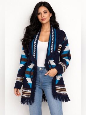 Cocogio Aztec Patterned Knit Open Cardigan with Fringe